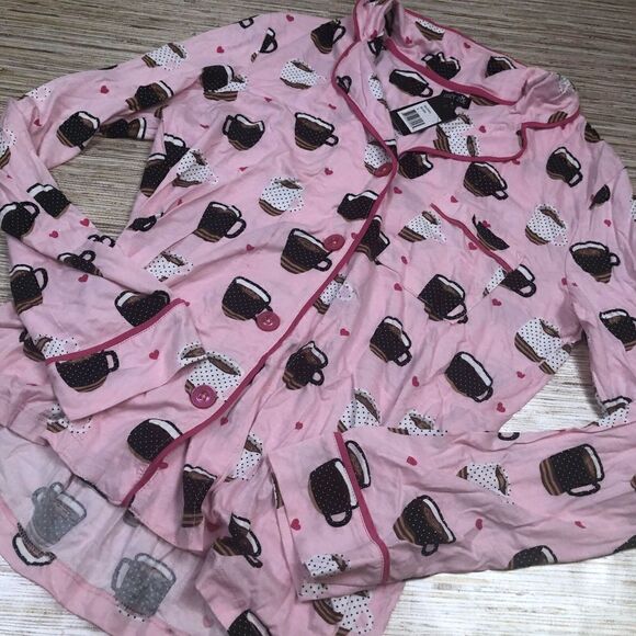 R-58 COZY ZOE soft sleep shirt Button up pajama top PINK COFFEE CUPS size S nwt - Picture 1 of 1